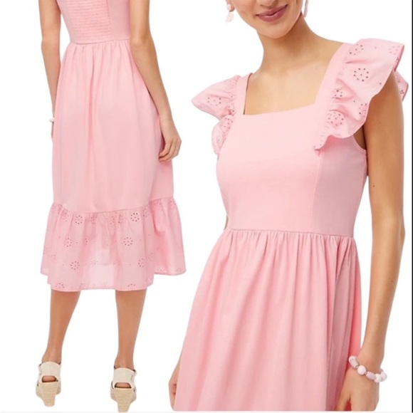 J. Crew Dresses & Skirts - J.Crew Pink Eyelet Smocked Midi Dress Ruffle Sleeve Cottagecore NWT Size Large